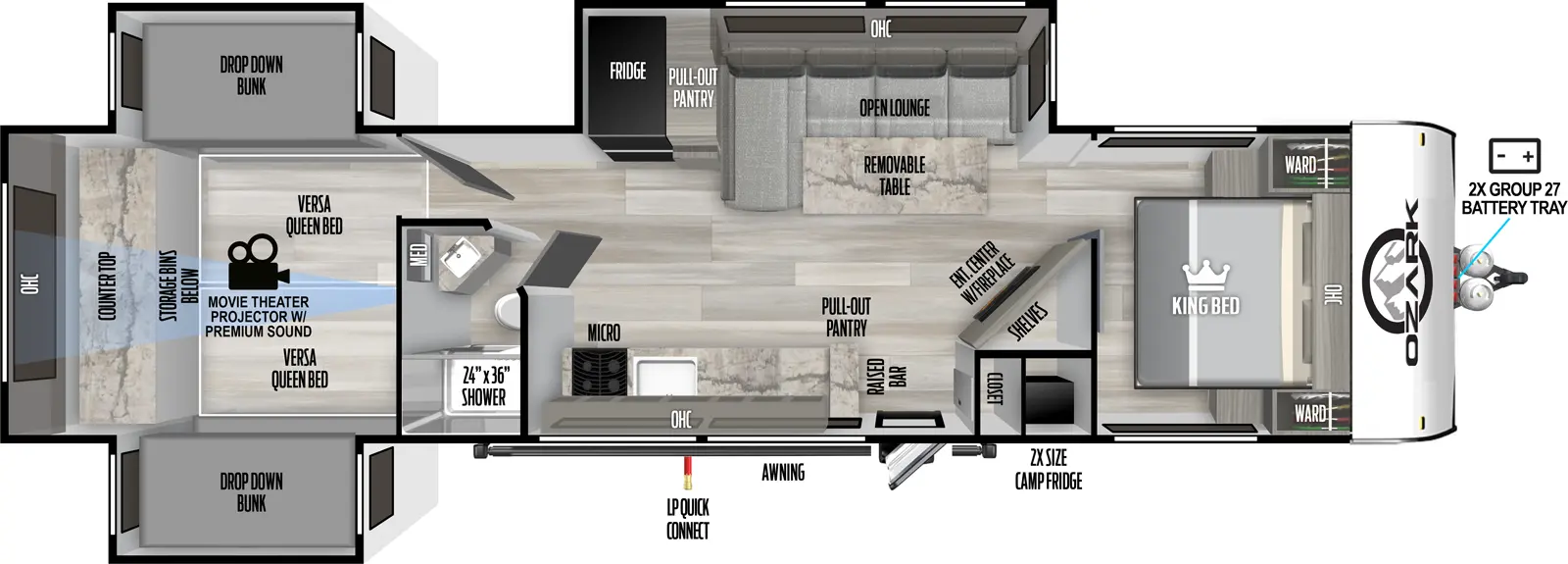 The Ozark 3190BHK floorplan has one entry and three slide outs. Exterior features include: fiberglass exterior. Interiors features include: bunk beds and front bedroom.